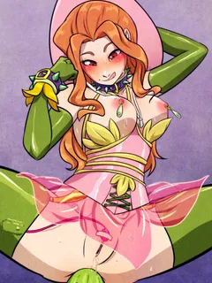 1girl anal anal_insertion anus blush bracelet breasts brown_eyes brown_hair clitoral_stimulation collar corset cowboy_hat cuffs digimon digimon_adventure elbow_gloves female gloves green_legwear hat jewelry licking_lips lillymon lillymon_(cosplay) long_ha