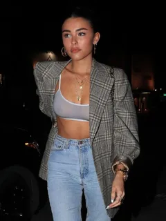 madison beer boobs in a sexy see through bra top showing off her tits seen by paparazzi in hollywood.