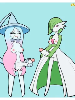 hatterene and gardevoir jerk off their own cocks