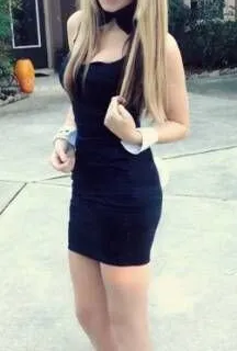 thin blonde 18yo teen in black tight dress, heels and bunny ears