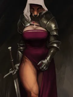 e621 2017 anthro armor big_breasts breasts canine chainmail cleavage clitoris clothed clothing cross disney dress female fox hi_res jewelry knight looking_at_viewer maid_marian mammal melee_weapon pixelsketcher plate_armor presenting presenting_pussy puss