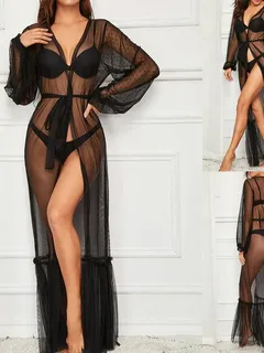 sexy sleepwear see through mesh splice nightgown gown long sleeve dress lingerie for women robe nightdress