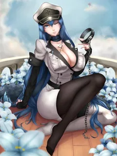 akame ga kill! esdeath kuro1905 high resolution very high resolution 1girl aqua eyes aqua hair blue eyes blue hair boots breasts chain choker cleavage cloud collar crossed legs flower hat large breasts legs long boots long hair looking at viewer military